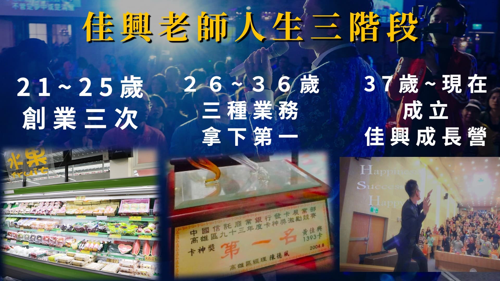 黃佳興人生三階段簡報,依序介紹創業、業務工作與成立佳興成長營