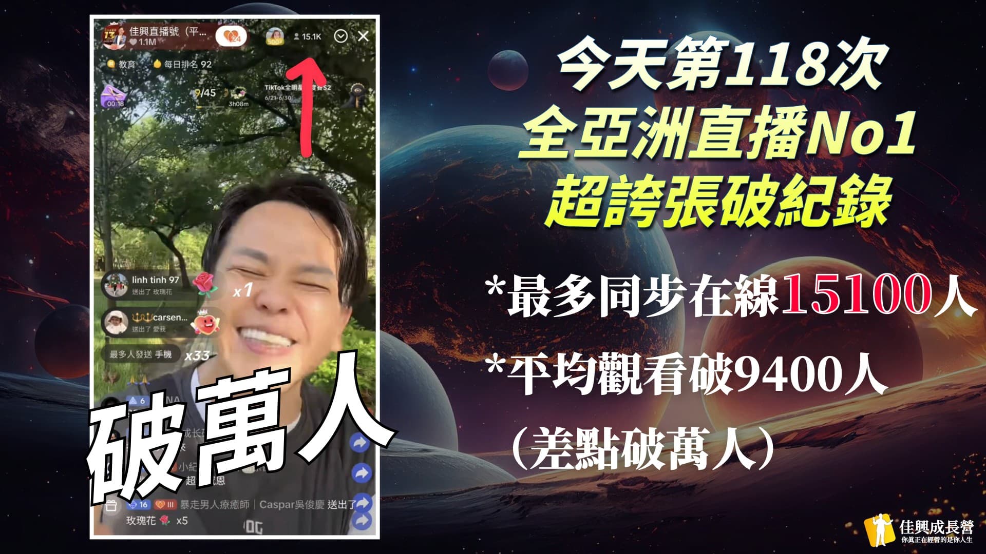 黃佳興直播觀眾紀錄簡報,內嵌顯示15.1K的直播畫面